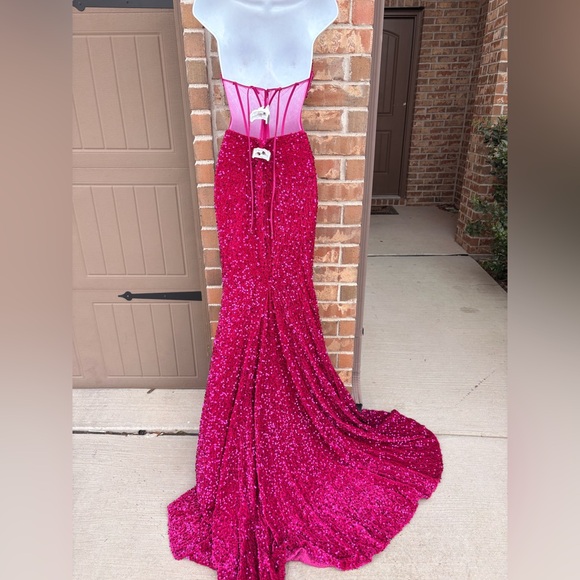 Alyce Paris Fuchsia Plush Sequins Strapless Sheer Top Dress size 00 - Picture 9 of 15